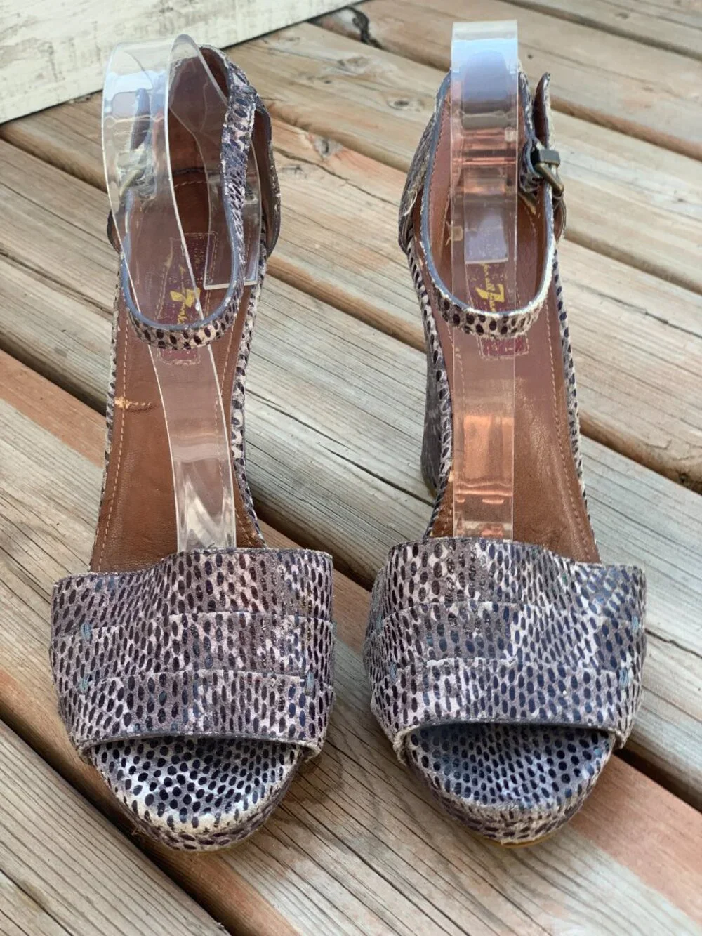 7 For All Mankind Platform Heel Sandals 10 Purple Snakeskin Suede Peep Toe Y2K